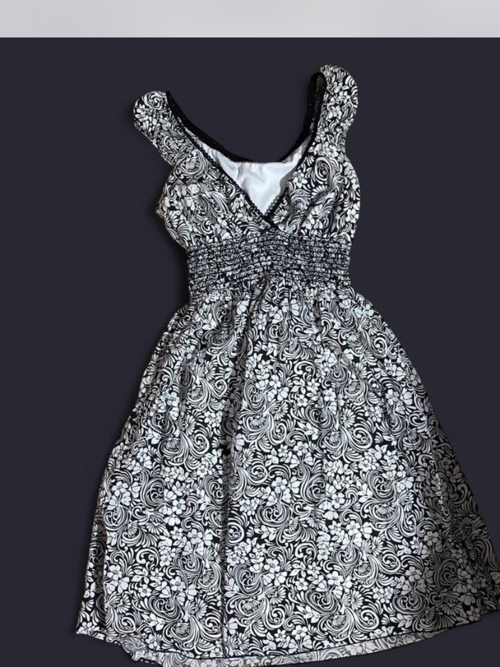 Black & White Floral Sleeveless Smocked Waist Dress